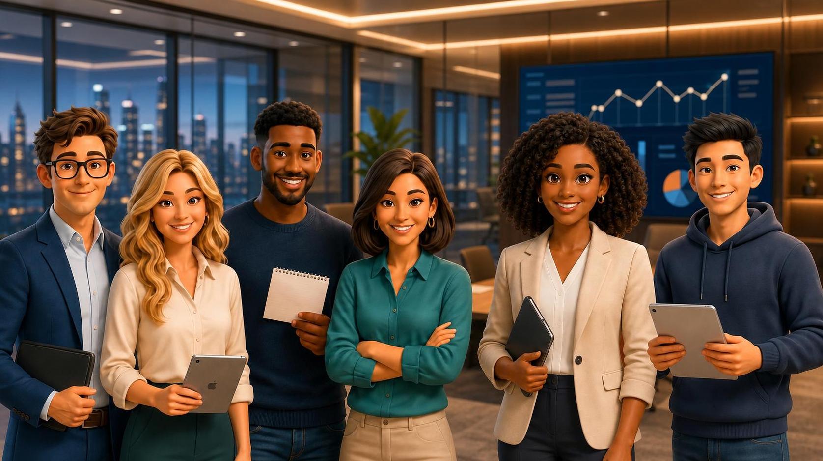 Six adult Cliff & Co business avatar options in a premium business setting